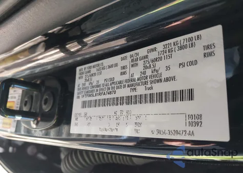 2024 Ford F-150 Lariat z USA, uszkodzony, nr VIN 1FTFW5L81RFA74870